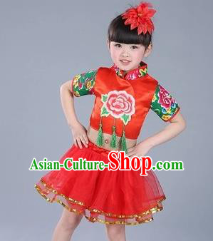 Traditional Chinese Classical Dance Yangge Fan Dance Costume, Children Folk Dance Drum Dance Uniform Yangko Red Clothing for Kids