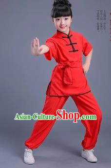 Traditional Chinese Classical Dance Martial Arts Costume, Children Folk Dance Drum Dance Uniform Kung Fu Red Clothing for Kids