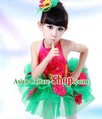 Top Grade Chinese Professional Performance Catwalks Costume, Children Modern Dance Green Veil Bubble Dress for Girls Kids