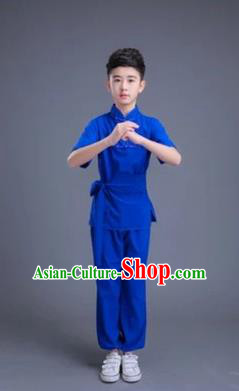 Traditional Chinese Classical Dance Martial Arts Costume, Children Folk Dance Drum Dance Uniform Kung Fu Blue Clothing for Kids