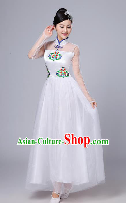 Top Grade Chinese Compere Professional Performance Catwalks Costume, China Stand Collar Modern Dance White Dress for Women