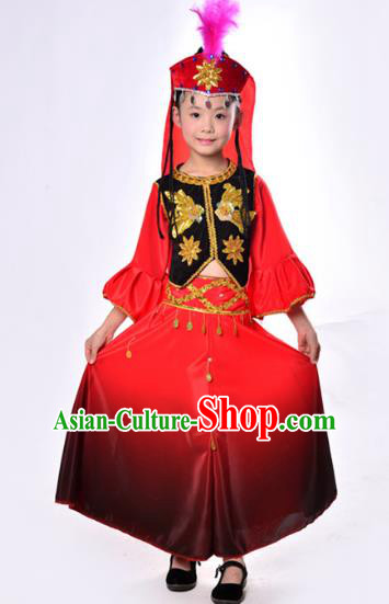 Traditional Chinese Uyghur Nationality Dance Costume, Children Folk Dance Ethnic Costume, Chinese Minority Nationality Uigurian Dance Dress for Kids