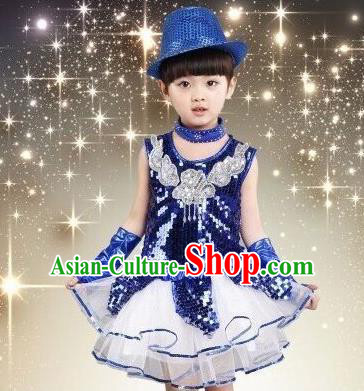 Top Grade Chinese Professional Performance Catwalks Costume, China Jazz Dance Modern Dance Blue Paillette Dress for Girls