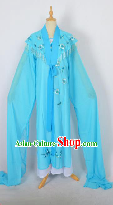 Traditional Chinese Professional Peking Opera Embroidery Plum Blossom Costume, China Beijing Opera Female Diva Cloud Shoulder Clothing Blue Long Robe