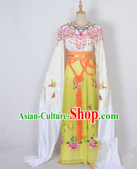 Traditional Chinese Professional Peking Opera Shaoxing Opera Embroidery Costume, China Beijing Opera Female Diva Clothing Zhu Yingtai Yellow Long Robe Dress