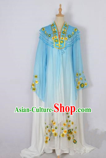 Traditional Chinese Professional Peking Opera Shaoxing Opera Costume Embroidery Blue Mantel, China Beijing Opera Female Diva Clothing Long Shawl Dress