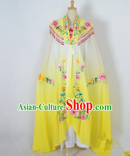 Traditional Chinese Professional Peking Opera Shaoxing Opera Costume Embroidery Yellow Cloud Shoulder Mantel, China Beijing Opera Female Diva Clothing Long Water Sleeve Shawl Dress