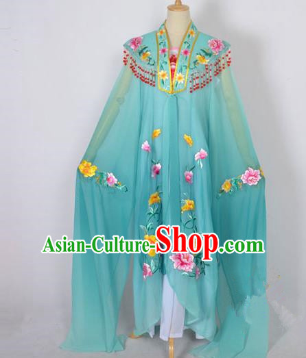 Traditional Chinese Professional Peking Opera Shaoxing Opera Costume Embroidery Green Cloud Shoulder Mantel, China Beijing Opera Female Diva Clothing Long Water Sleeve Shawl Dress