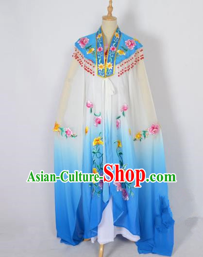 Traditional Chinese Professional Peking Opera Shaoxing Opera Costume Embroidery Blue Cloud Shoulder Mantel, China Beijing Opera Female Diva Clothing Long Water Sleeve Shawl Dress