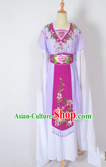 Traditional Chinese Professional Peking Opera Nobility Lady Water Sleeve Costume, China Beijing Opera Shaoxing Opera Royal Princess Embroidery Peony Purple Dress Clothing