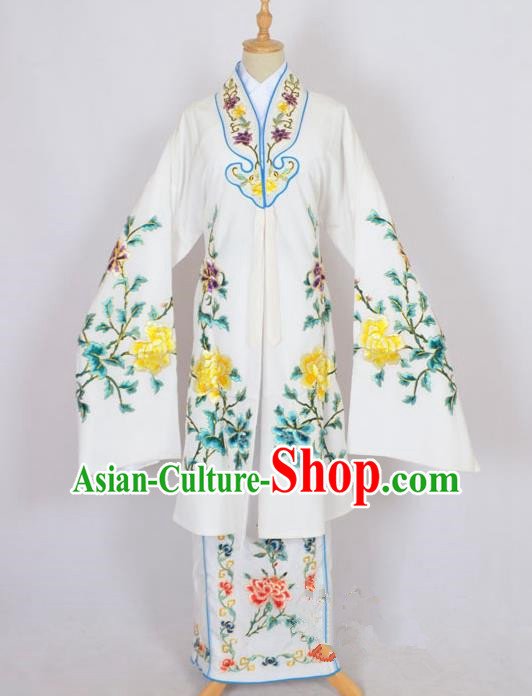 Traditional Chinese Professional Peking Opera Nobility Lady Costume White Mantel, China Beijing Opera Shaoxing Opera Embroidery Diva Hua Tan Dress Clothing