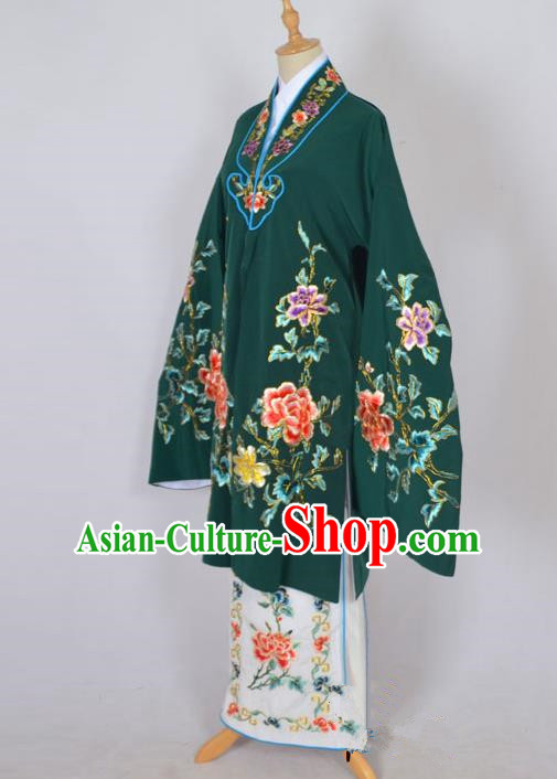 Traditional Chinese Professional Peking Opera Nobility Lady Costume Deep Green Mantel, China Beijing Opera Shaoxing Opera Embroidery Diva Hua Tan Dress Clothing