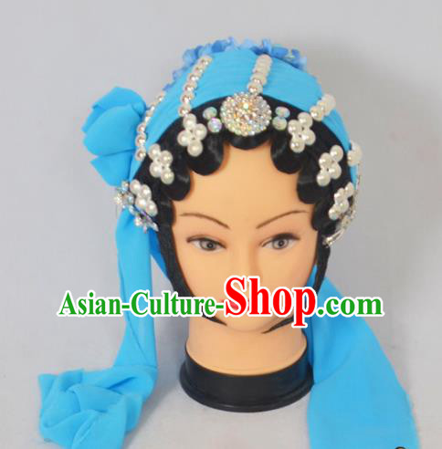 Traditional Handmade Chinese Classical Peking Opera Young Lady Hair Accessories and Wigs, China Beijing Opera Maidservants Diva Green Flower Headwear