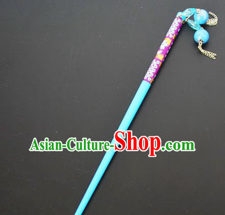 Traditional Handmade Chinese Classical Peking Opera Tassel Blue Hair Stick Hair Accessories, China Beijing Opera Step Shake Wood Hairpins