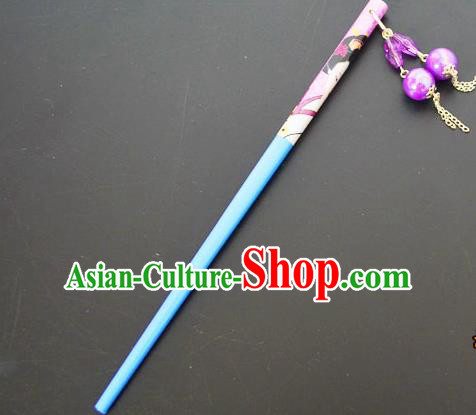 Traditional Handmade Chinese Classical Peking Opera Tassel Blue Hair Stick Hair Accessories, China Beijing Opera Step Shake Wood Hairpins