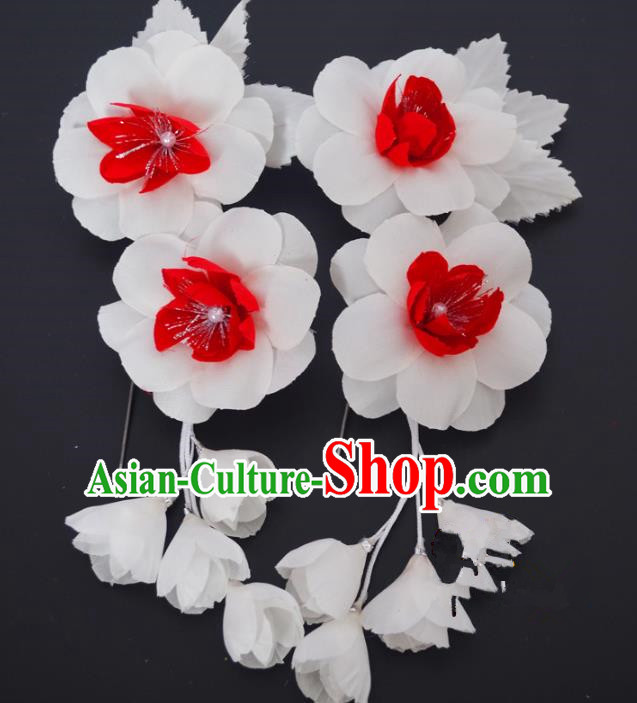 Traditional Handmade Chinese Classical Peking Opera White Silk Flowers Hair Stick Hair Accessories, China Beijing Opera Diva Step Shake Tassel Hairpins