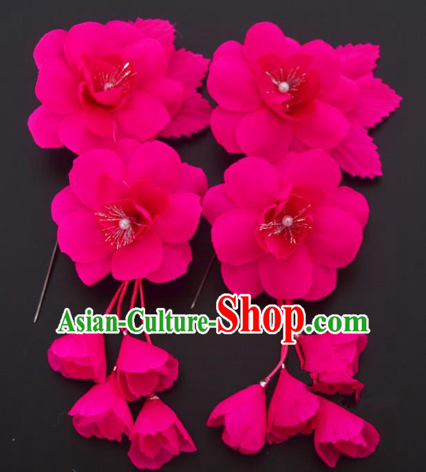 Traditional Handmade Chinese Classical Peking Opera Rosy Silk Flowers Hair Stick Hair Accessories, China Beijing Opera Diva Step Shake Tassel Hairpins