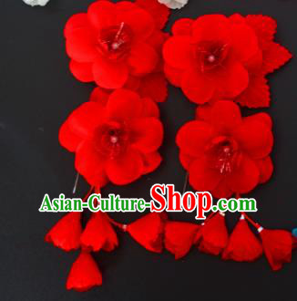 Traditional Handmade Chinese Classical Peking Opera Red Silk Flowers Hair Stick Hair Accessories, China Beijing Opera Diva Step Shake Tassel Hairpins