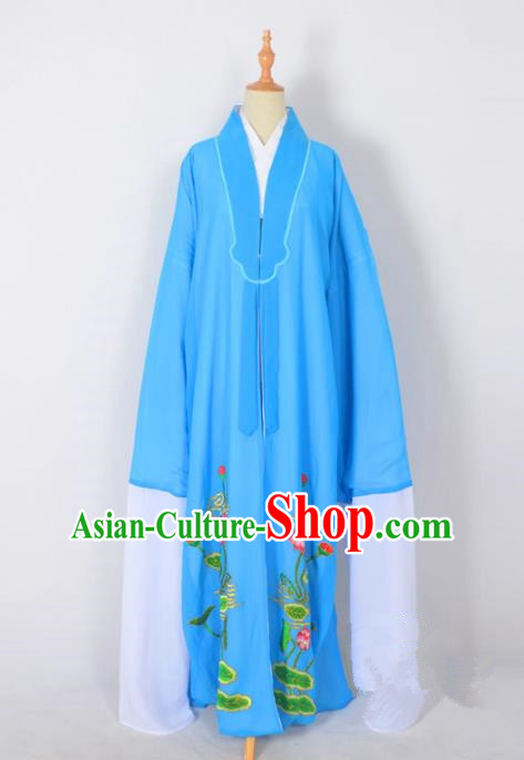 Traditional Chinese Professional Peking Opera Young Men Costume, China Beijing Opera Shaoxing Opera Niche Embroidery Lotus Blue Long Robe Clothing