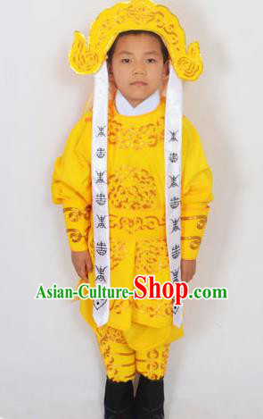 Traditional Chinese Professional Peking Opera Takefu Costume and Headwear, China Beijing Opera Shaoxing Opera Children Niche Warrior Yellow Clothing