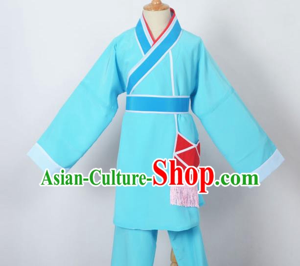 Traditional Chinese Professional Peking Opera Children Costume, China Beijing Opera Shaoxing Opera Village Kids Blue Uniform Livehand Clothing