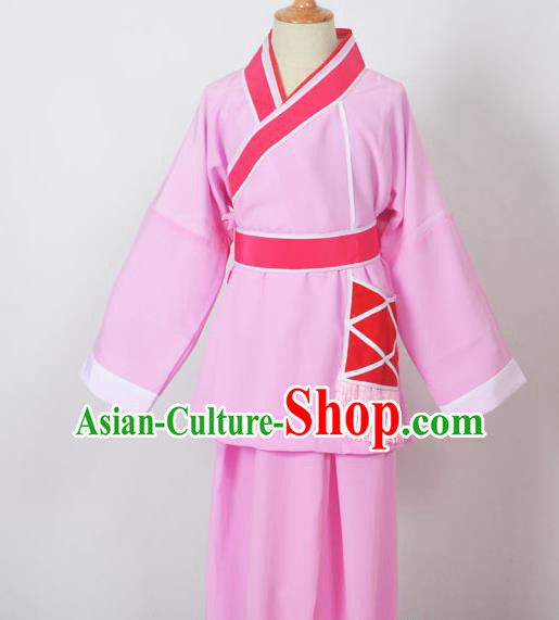 Traditional Chinese Professional Peking Opera Children Costume, China Beijing Opera Shaoxing Opera Village Kids Pink Uniform Livehand Clothing