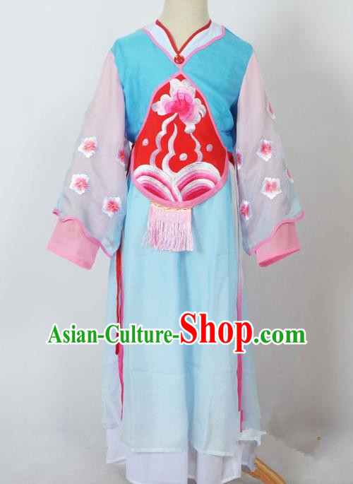 Traditional Chinese Professional Peking Opera Sitting Children Costume, China Beijing Opera Seventh Fairy Blue Uniform Princess Embroidery Dress Clothing