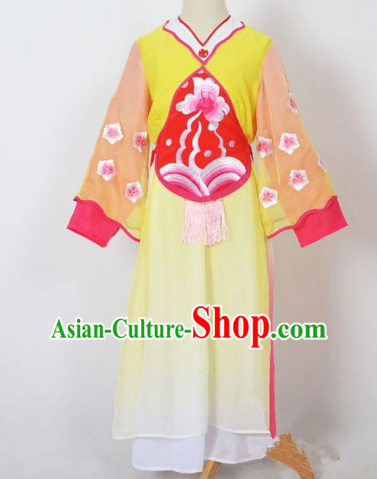 Traditional Chinese Professional Peking Opera Sitting Children Costume, China Beijing Opera Seventh Fairy Yellow Uniform Princess Embroidery Dress Clothing