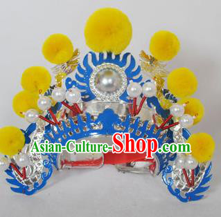 Traditional Handmade Chinese Classical Peking Opera Blues Accessories Yellow Venonat Hat, China Beijing Opera Swordplay Warriors Blue Headwear