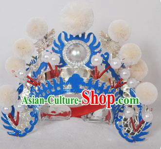 Traditional Handmade Chinese Classical Peking Opera Blues Accessories White Venonat Hat, China Beijing Opera Swordplay Warriors Blue Headwear