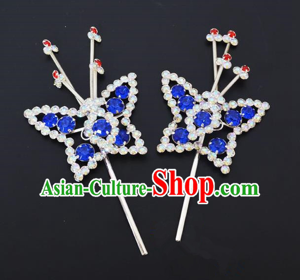 Traditional Handmade Chinese Classical Peking Opera Diva Hair Accessories, China Beijing Opera Hua Tan Blue Crystal Butterfly Hairpins Headwear