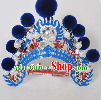 Traditional Handmade Chinese Classical Peking Opera Blues Accessories Royalblue Venonat Hat, China Beijing Opera Swordplay Warriors Blue Headwear