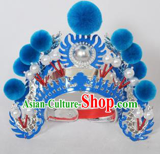 Traditional Handmade Chinese Classical Peking Opera Blues Accessories Blue Venonat Hat, China Beijing Opera Swordplay Warriors Blue Headwear