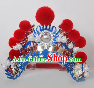 Traditional Handmade Chinese Classical Peking Opera Blues Accessories Red Venonat Hat, China Beijing Opera Swordplay Warriors Blue Headwear