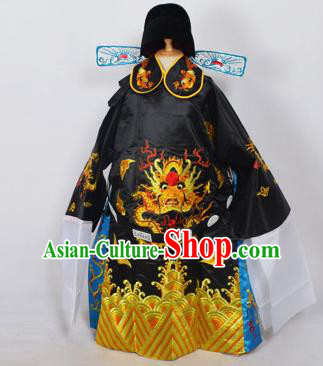 Traditional Chinese Professional Peking Opera Old Men Costume Black Embroidered Robe and Hat, China Beijing Opera Prime Minister Embroidery Robe Gwanbok Clothing