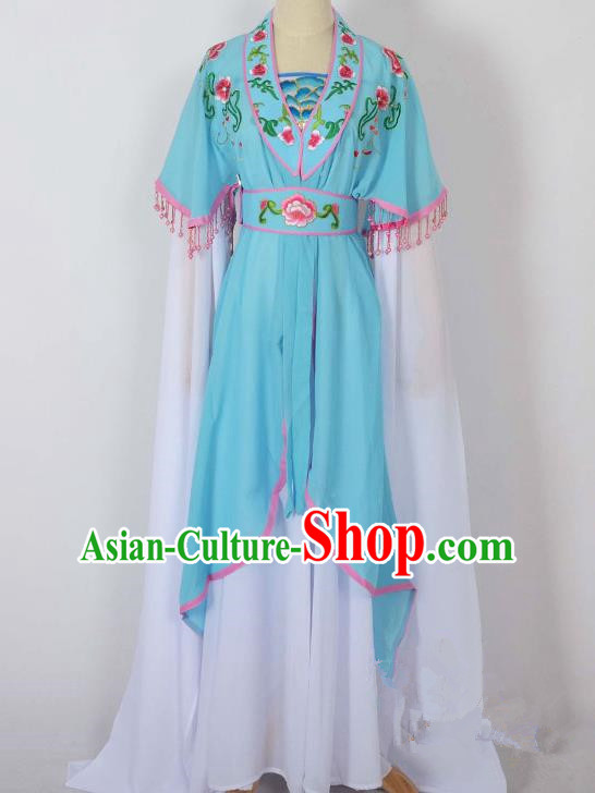 Traditional Chinese Professional Peking Opera Young Lady Costume Embroidery Blue Dress, China Beijing Opera Diva Hua Tan Water Sleeve Clothing