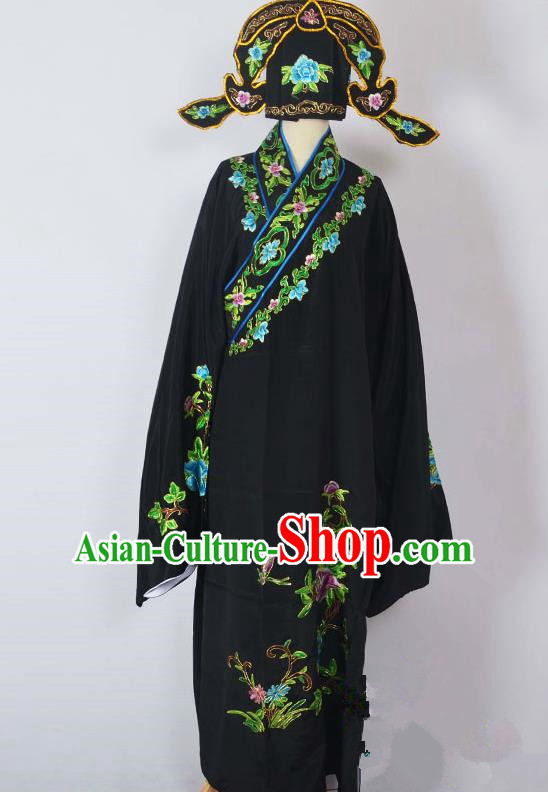 Traditional Chinese Professional Peking Opera Young Men Costume, China Beijing Opera Niche Gifted Scholar Embroidery Black Robe Clothing