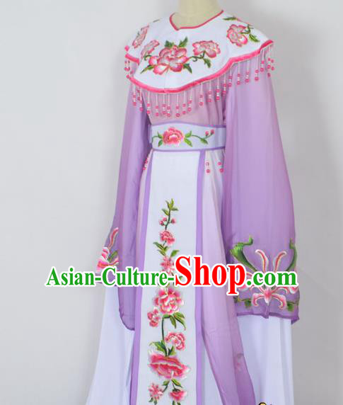 Traditional Chinese Professional Peking Opera Young Lady Princess Costume Purple Embroidery Peony Dress, China Beijing Opera Diva Hua Tan Embroidered Cloud Shoulder Clothing