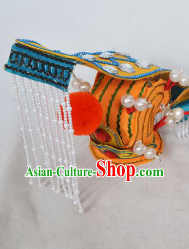 Traditional Handmade Chinese Classical Peking Opera Emperor Accessories Yellow Hat, China Beijing Opera King Headwear