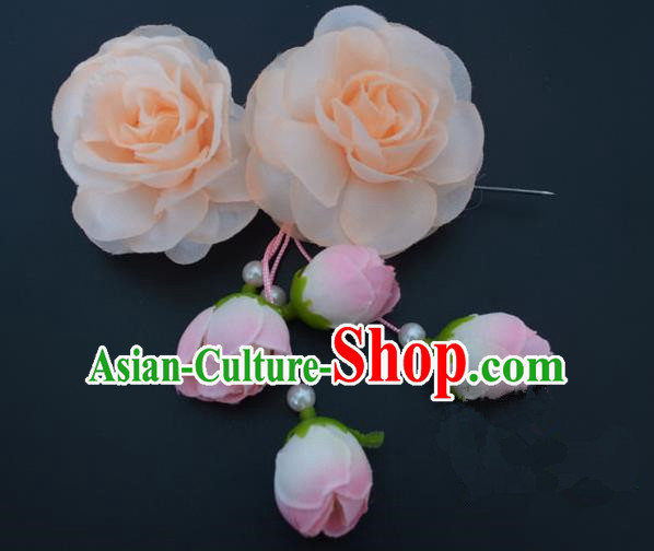 Traditional Handmade Chinese Classical Peking Opera Young Lady Hair Accessories Pink Temples Flowers, China Beijing Opera Princess Headwear Tassel Hairpins