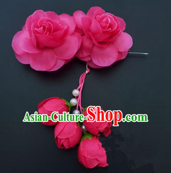 Traditional Handmade Chinese Classical Peking Opera Young Lady Hair Accessories Rosy Temples Flowers, China Beijing Opera Princess Headwear Tassel Hairpins