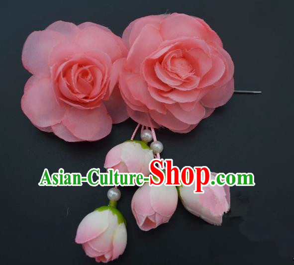 Traditional Handmade Chinese Classical Peking Opera Young Lady Hair Accessories Peach Pink Temples Flowers, China Beijing Opera Princess Headwear Tassel Hairpins