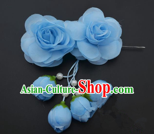 Traditional Handmade Chinese Classical Peking Opera Young Lady Hair Accessories Blue Temples Flowers, China Beijing Opera Princess Headwear Tassel Hairpins