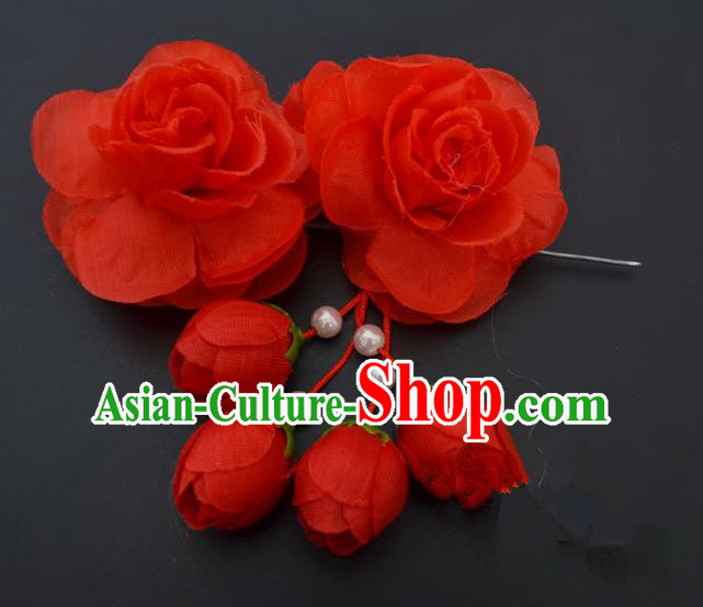 Traditional Handmade Chinese Classical Peking Opera Young Lady Hair Accessories Red Temples Flowers, China Beijing Opera Princess Headwear Tassel Hairpins