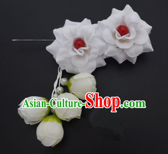 Traditional Handmade Chinese Classical Peking Opera Young Lady Hua Tan Hair Accessories White Temples Flowers, China Beijing Opera Diva Princess Headwear Tassel Hairpins