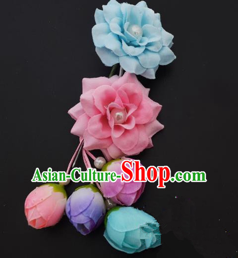 Traditional Handmade Chinese Classical Peking Opera Young Lady Hua Tan Hair Accessories Blue and Pink Temples Flowers, China Beijing Opera Diva Princess Headwear Tassel Hairpins