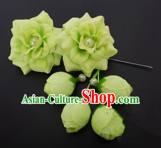 Traditional Handmade Chinese Classical Peking Opera Young Lady Hua Tan Hair Accessories Green Temples Flowers, China Beijing Opera Diva Princess Headwear Tassel Hairpins