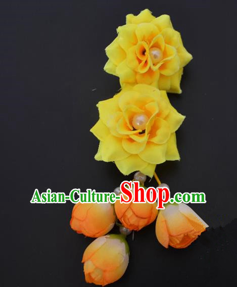 Traditional Handmade Chinese Classical Peking Opera Young Lady Hua Tan Hair Accessories Yellow Temples Flowers, China Beijing Opera Diva Princess Headwear Tassel Hairpins