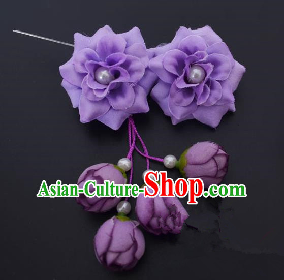 Traditional Handmade Chinese Classical Peking Opera Young Lady Hua Tan Hair Accessories Purple Temples Flowers, China Beijing Opera Diva Princess Headwear Tassel Hairpins