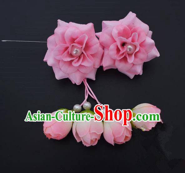 Traditional Handmade Chinese Classical Peking Opera Young Lady Hua Tan Hair Accessories Pink Temples Flowers, China Beijing Opera Diva Princess Headwear Tassel Hairpins